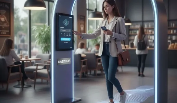 مشتری در حال وارد کردن شماره برای دریافت رمز وای‌فای رایگان از دستگاه ثبت شماره مشتری. استفاده از دستگاه به عنوان گیت وای‌فای ایده برای دستگاه ثبت شماره مشتری