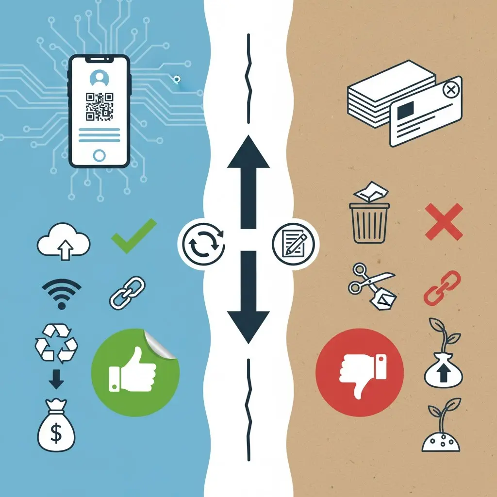 تصویر اینفوگرافیک مقایسه کارت ویزیت دیجیتال و کاغذی